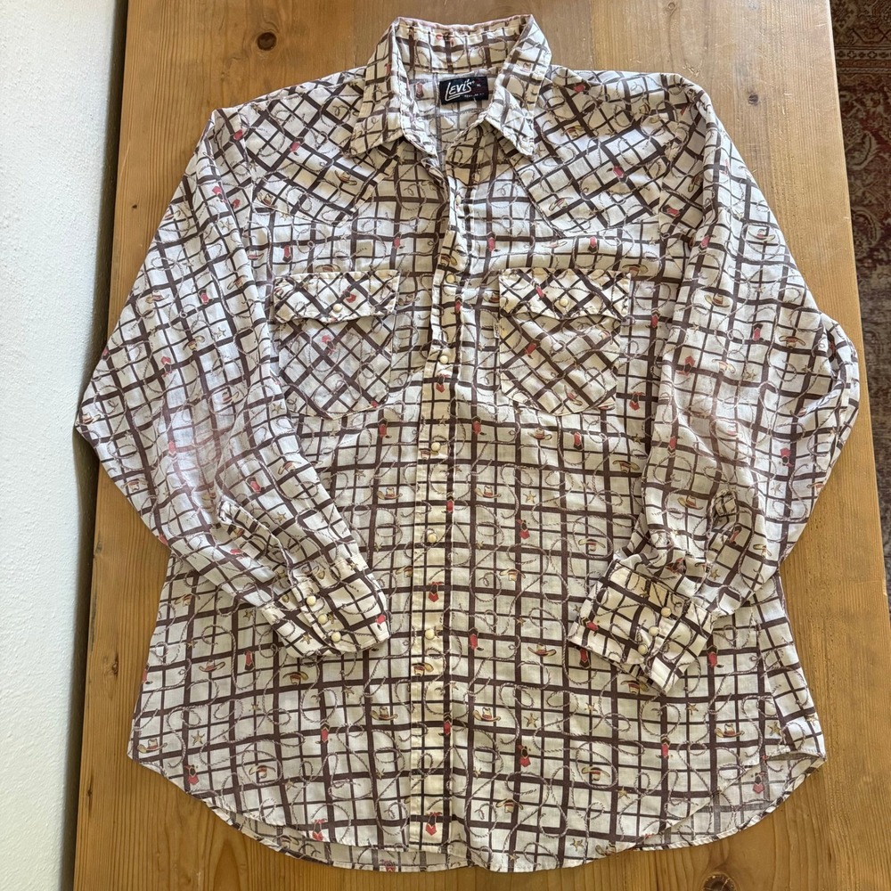 Vintage Levis Western Pearl Snap Shirt XL Brown Cowboy Lasso Novelty 70s 80s‎